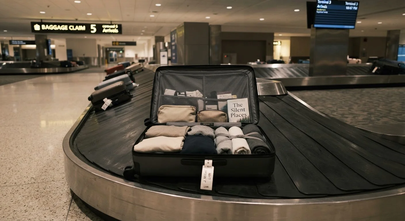Open suitcase on an airport baggage carousel under soft terminal lighting