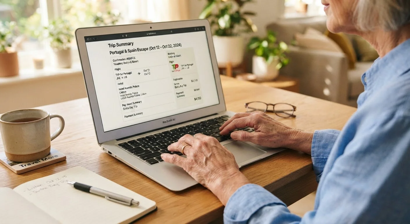 Senior traveler carefully reviewing a travel booking confirmation page on a laptop before clicking confirm.