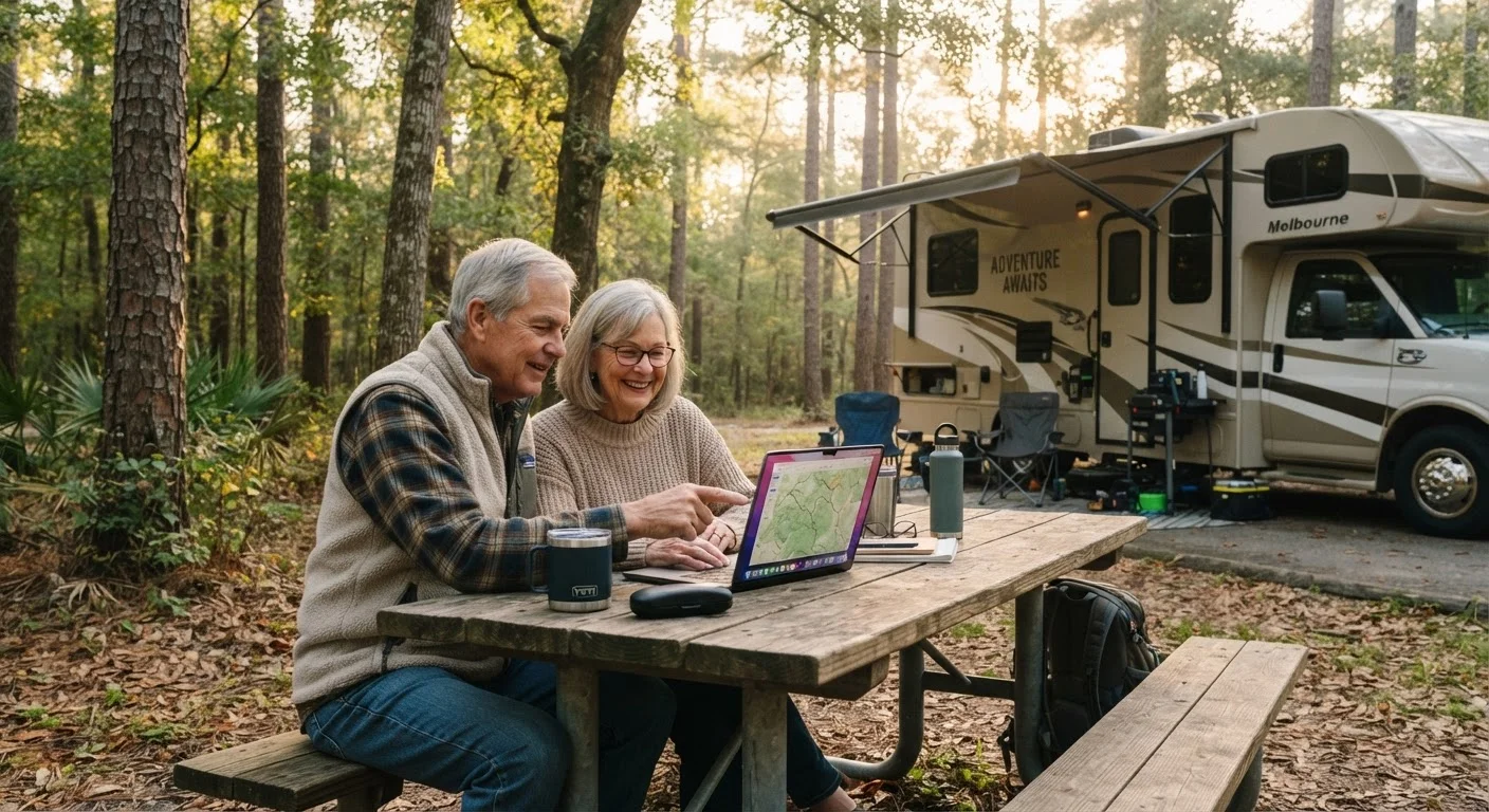 Senior couple reviewing campground reservations on a tablet at their RV campsite.