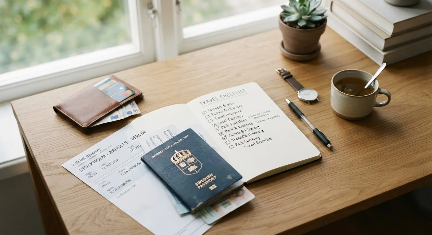 Travel documents and checklist laid out on a desk, representing trip planning decisions