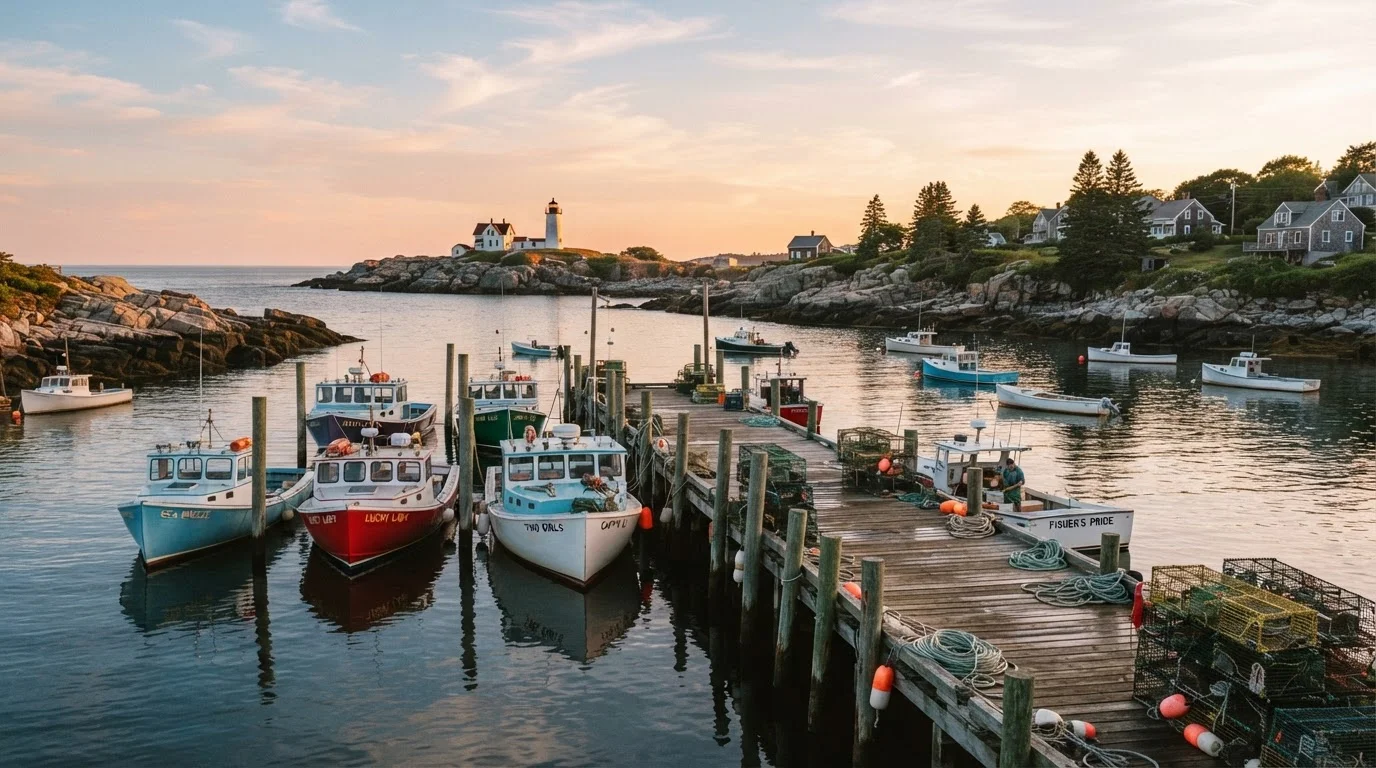 A calm Maine harbor at sunset with lobster boats, rocky shore, and a lighthouse in the background