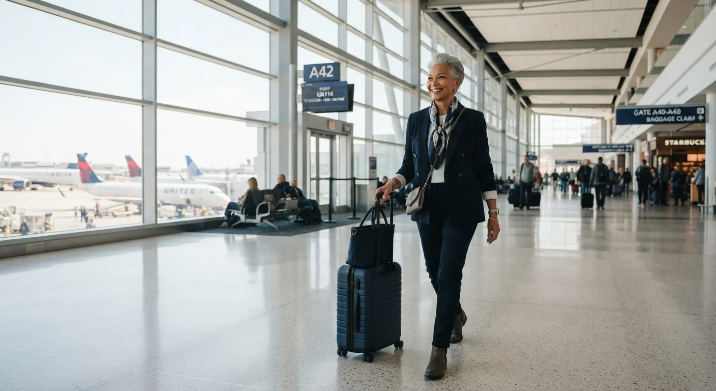 A senior traveler walking confidently through a modern airport terminal with luggage