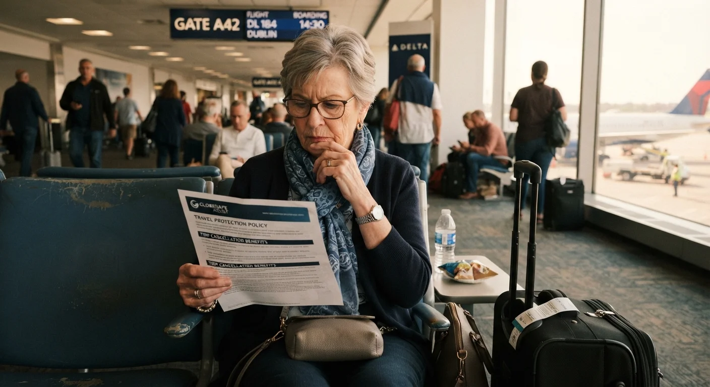 Senior traveler carefully reviewing travel insurance policy documents at an airport gate