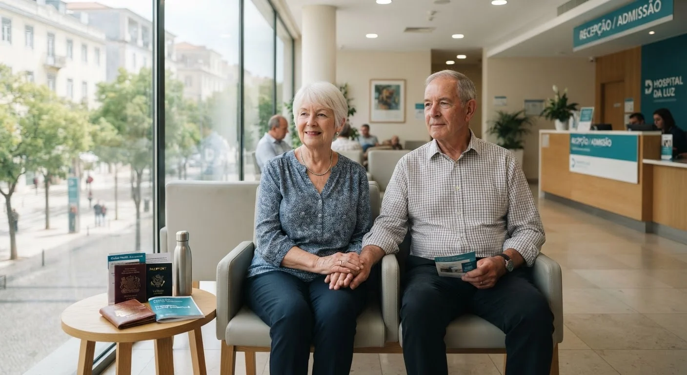 Senior couple reviewing travel insurance documents at a hospital reception desk abroad