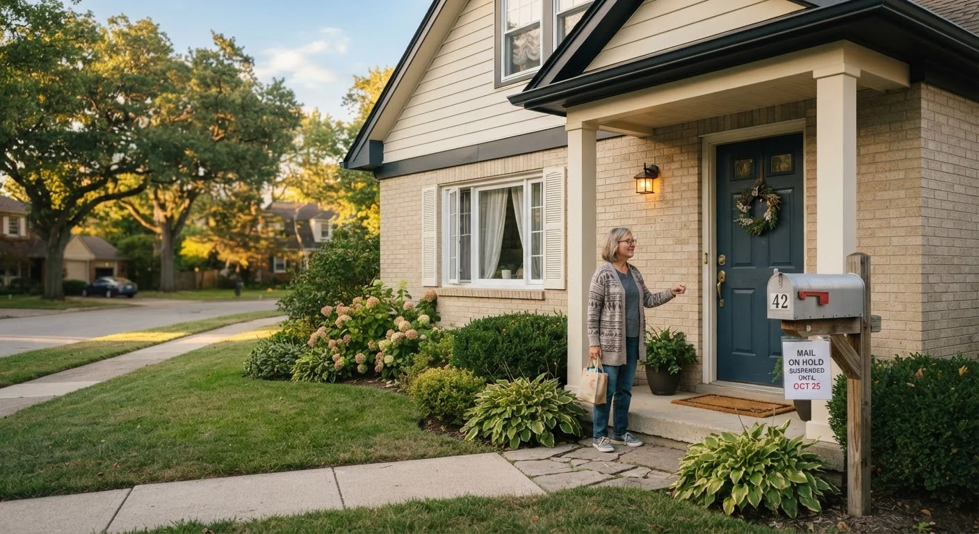 A secure home with locked front door and mailbox hold notice before owner's trip.