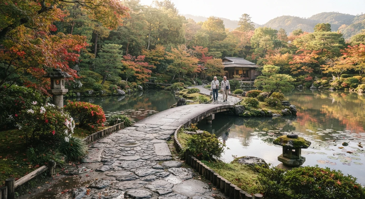 A serene Japanese garden with wide stone paths, maple trees, and stone lanterns in soft morning light