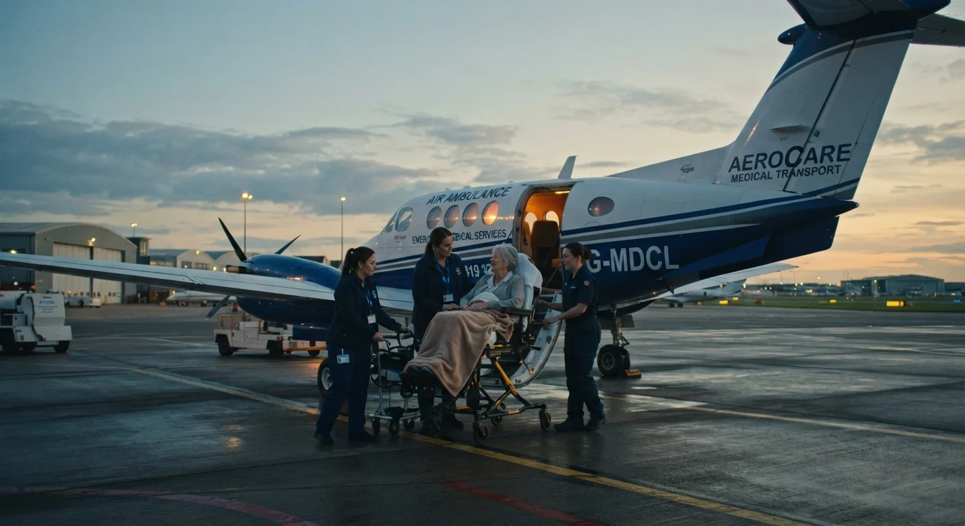 Senior traveler being assisted into a medical evacuation aircraft by professional medical staff on a tarmac