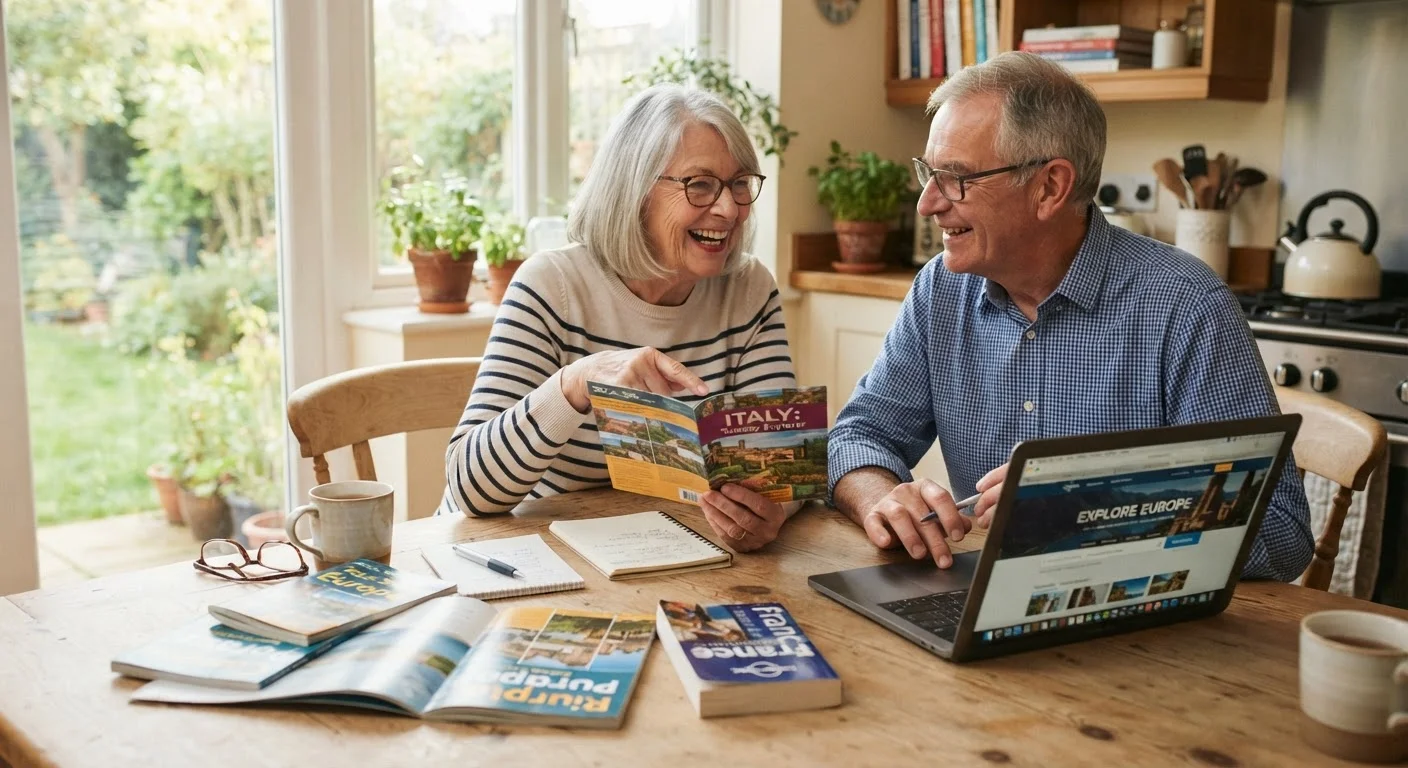 Senior couple comparing travel brochures and a laptop while planning a vacation at home
