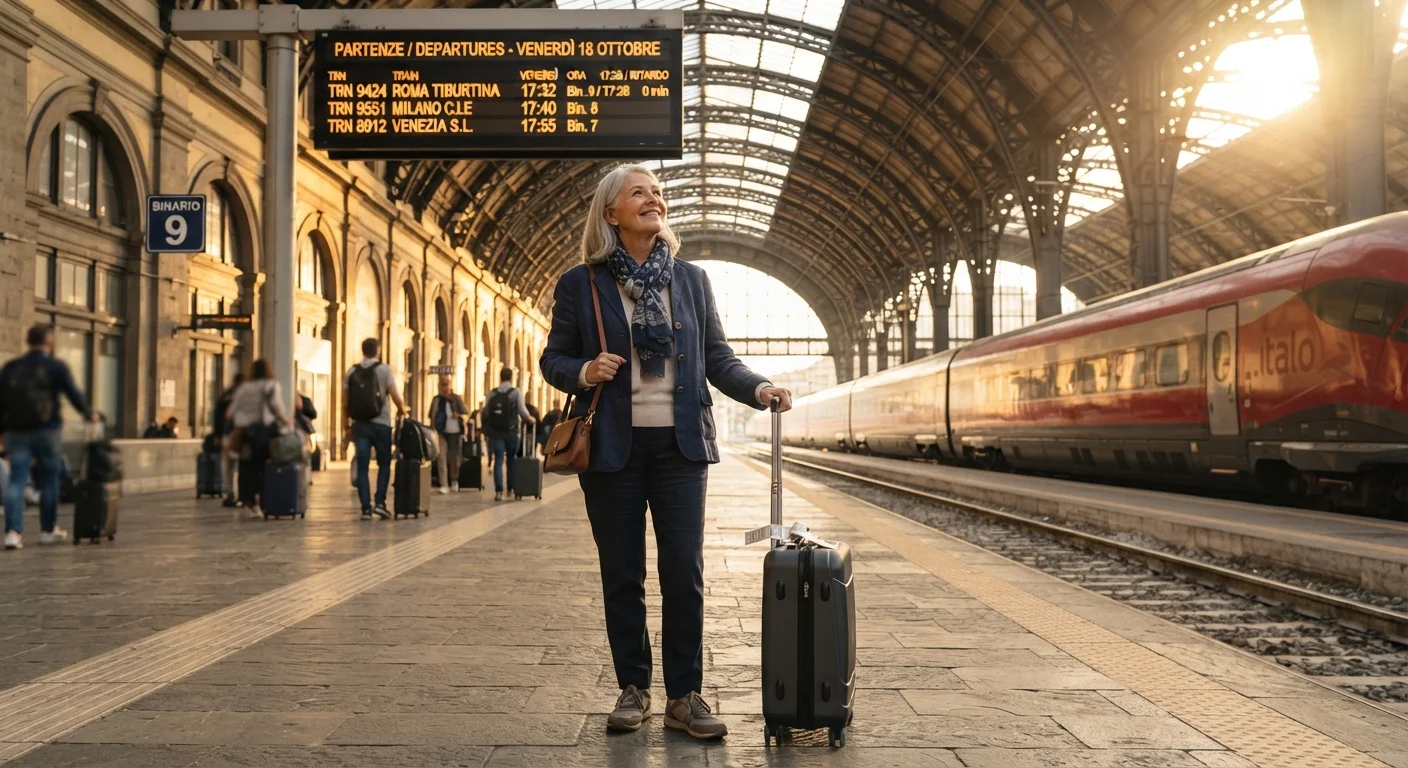 Senior traveler with rolling luggage standing on a sunlit European train station platform