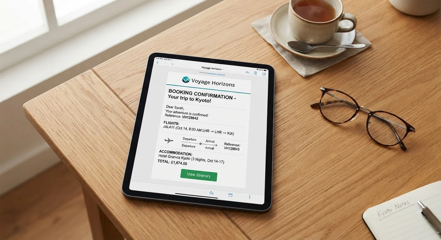 A tablet showing a booking confirmation email with reading glasses resting on a wooden table nearby