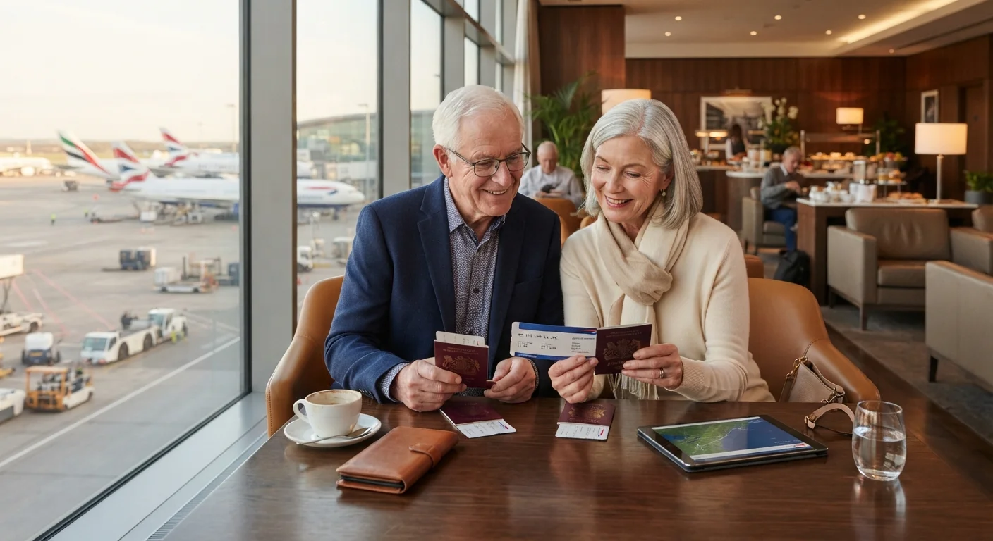 Senior couple reviewing travel insurance documents together at an airport lounge table