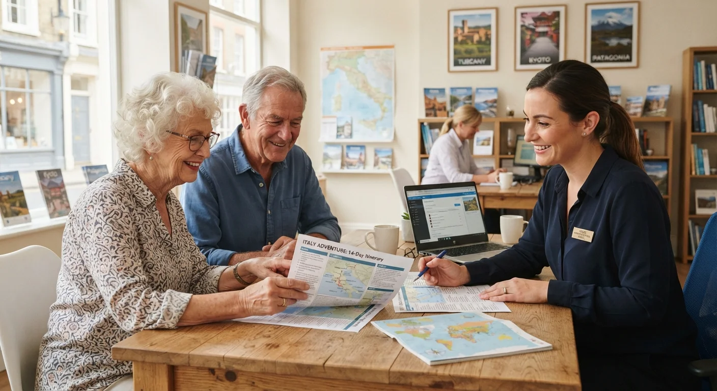 Senior couple reviewing group tour itinerary documents with a tour operator at a desk.