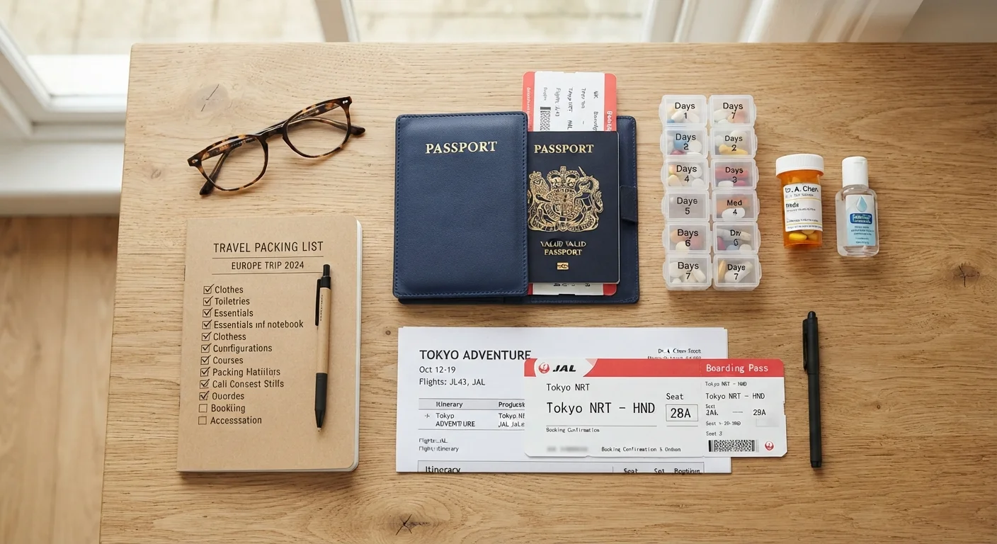 Senior travel checklist items including passport, medications, and travel documents arranged on a table