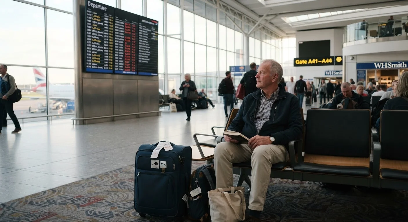 Senior traveler sitting in airport terminal with luggage, looking at delayed flight departure board