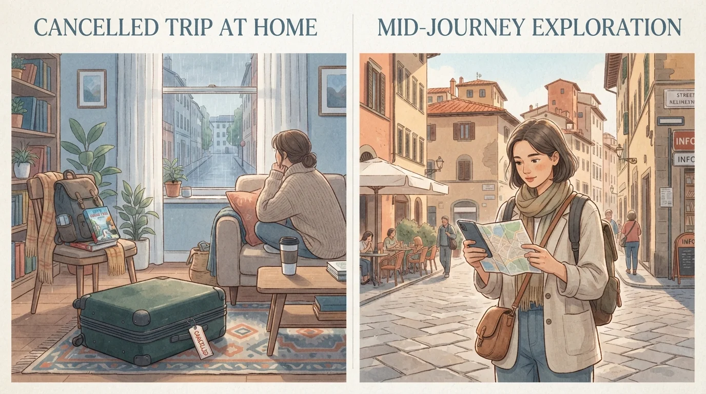 Two contrasting travel scenarios showing trip cancellation before departure and trip interruption mid-journey