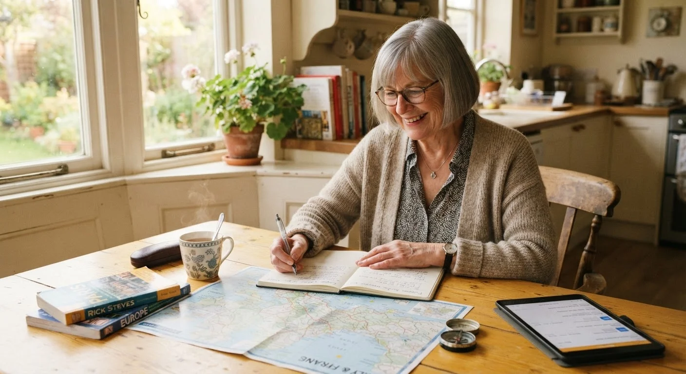 Senior traveler sitting at a kitchen table planning a trip with maps and a notebook