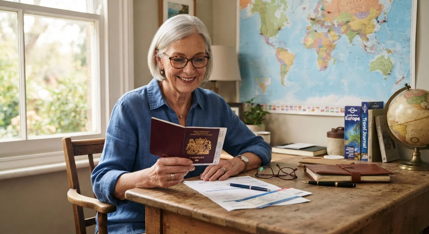 Senior traveler reviewing passport and official entry requirement documents at a desk with a world map