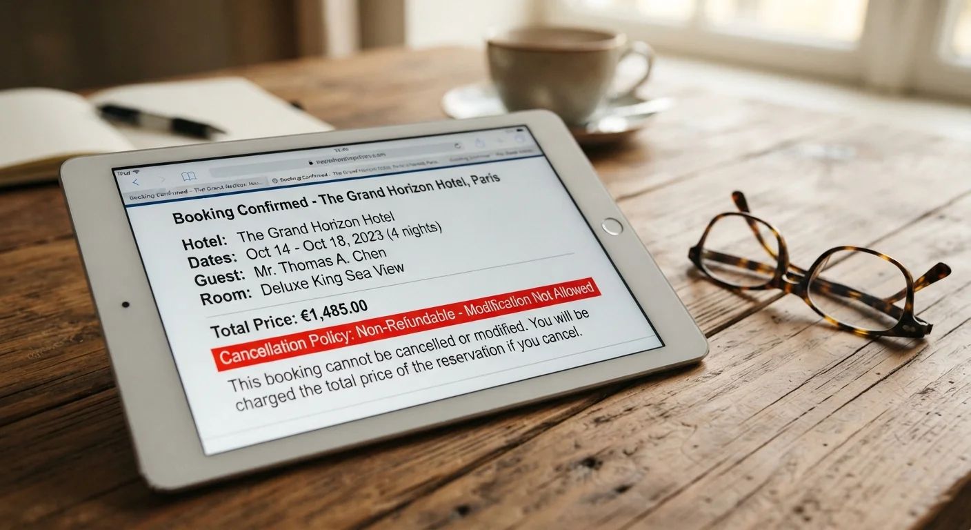 Senior traveler reading a non-refundable booking confirmation on a tablet with reading glasses nearby