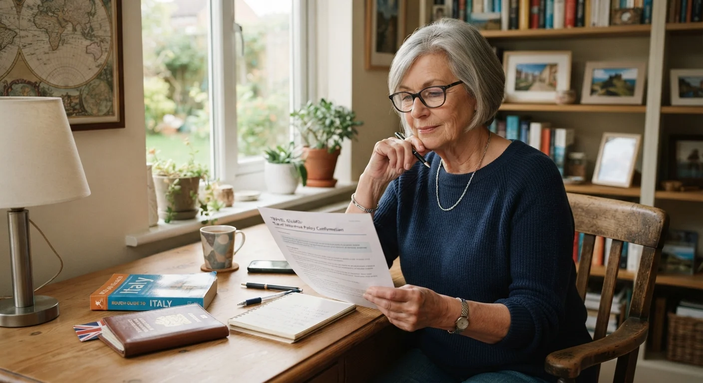 Senior traveler carefully reading a travel insurance policy document at a desk