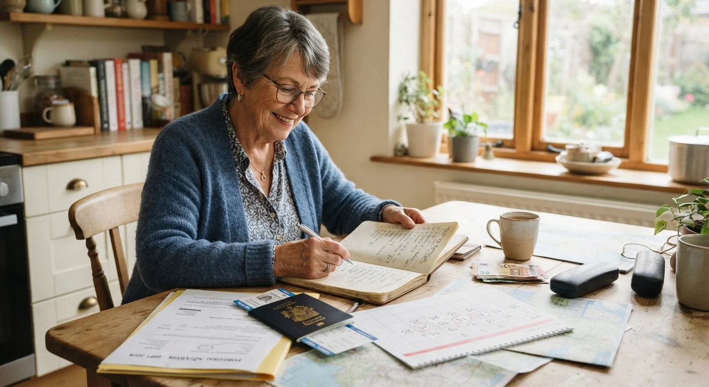 Senior traveler reviewing travel documents, passport, and checklist at a home kitchen table